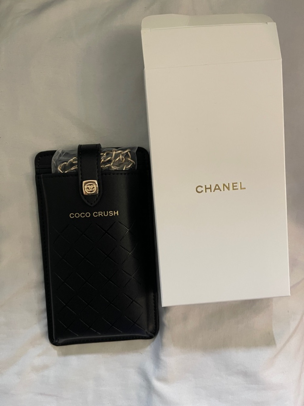 CHANEL Black Coco Crush Quilted Leather Phone Pouch with Gold Chain